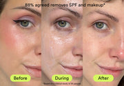 88% agreed removes SPF and makeup*. Photo shows 3 stages of cleansing, before during and after. 
Based on a clinical study of 35 people.